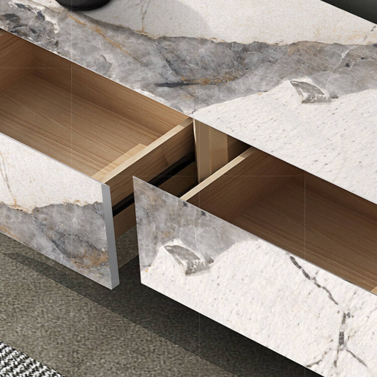 Easton TV unit with open drawer showcasing spacious storage and modern elegant design