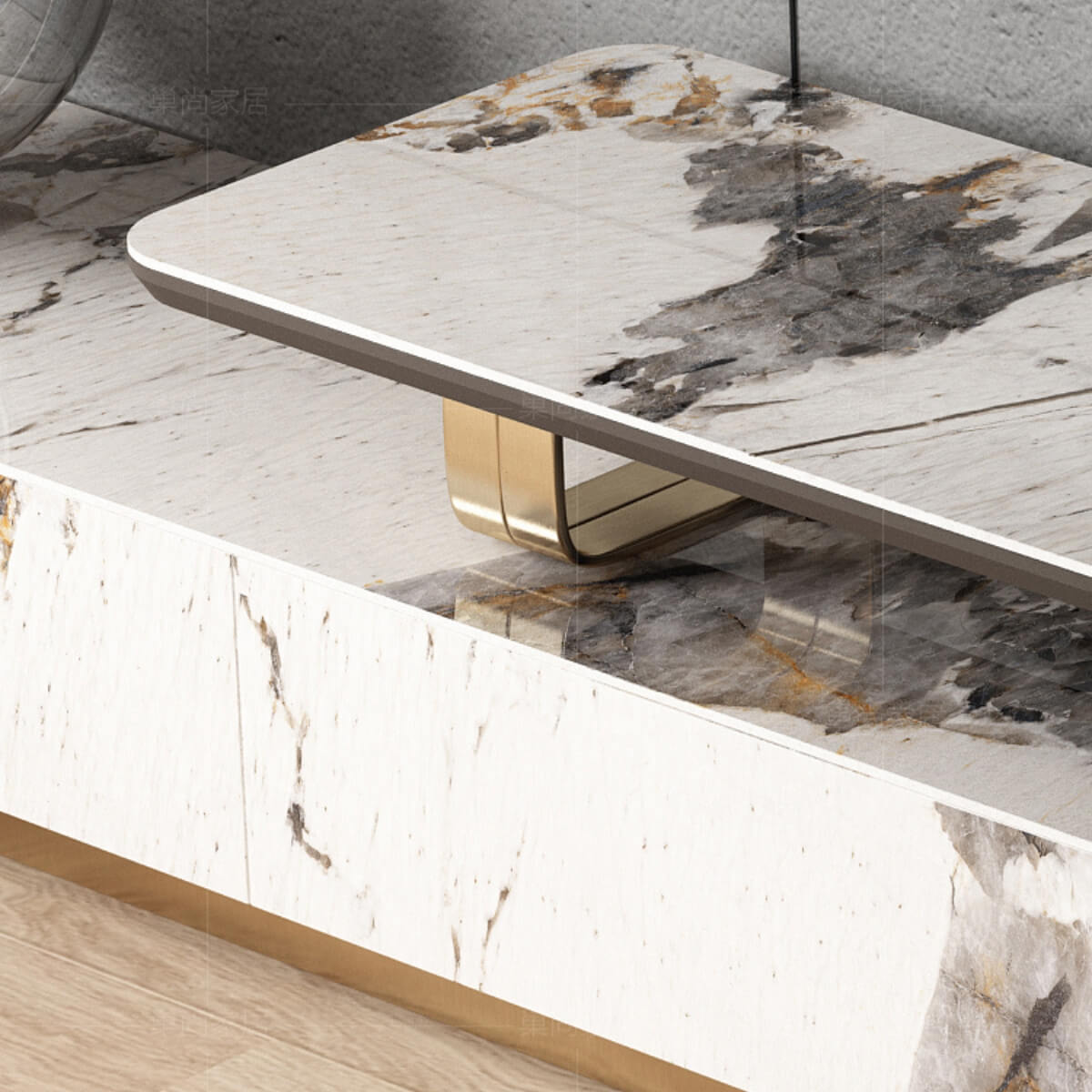 Detail view of Easton TV unit showcasing Pandora luxury stone top and titanium steel base