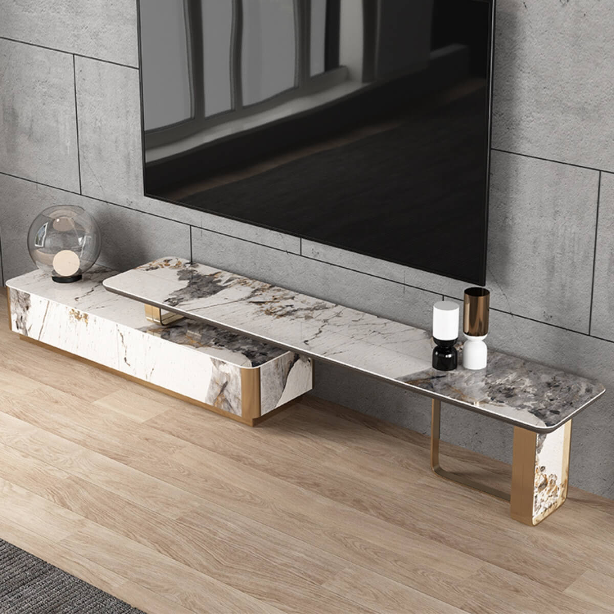 Top view of Easton TV unit highlighting sleek surface and modern design in elegant interior