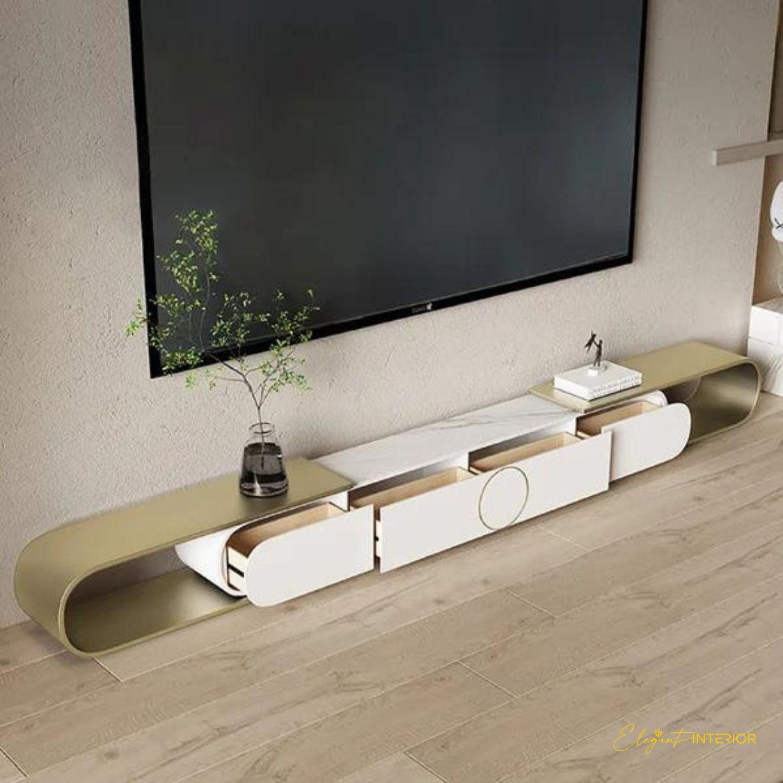 Monument-Modern Extendable Oval Metal TV Stand with 4 Drawers 3