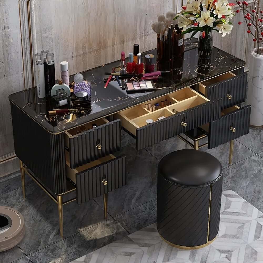 Top view of Emerald stone top makeup table with drawer open, elegant design and smooth finish