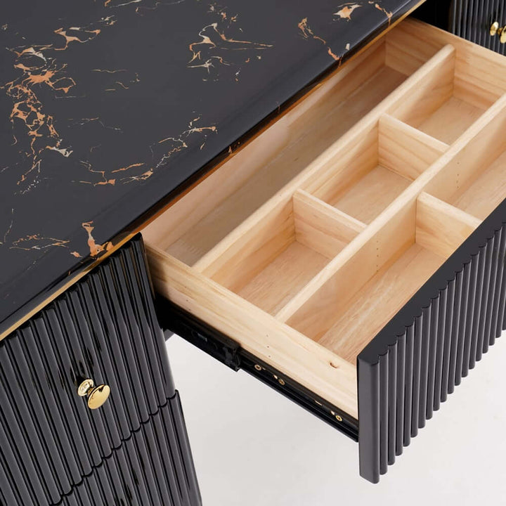 Emerald stone top makeup table with drawer open, elegant interior and polished surface