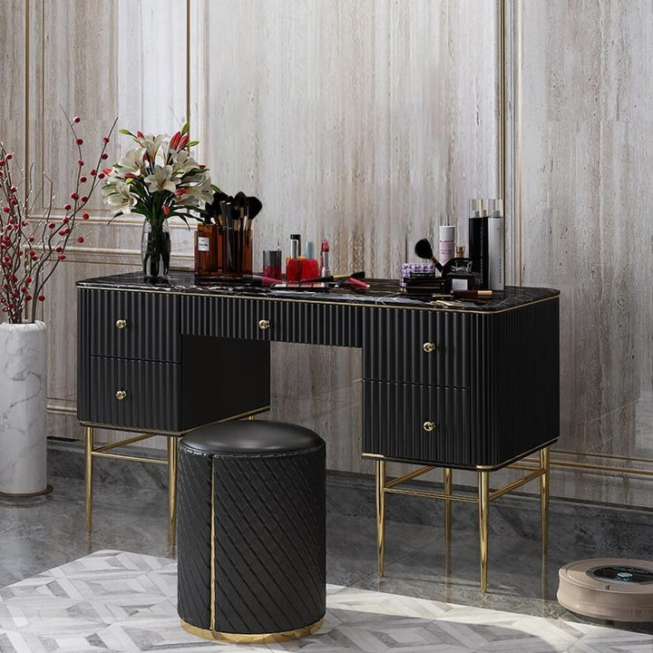 Emerald stone top makeup table in elegant interior, luxurious design with polished surface