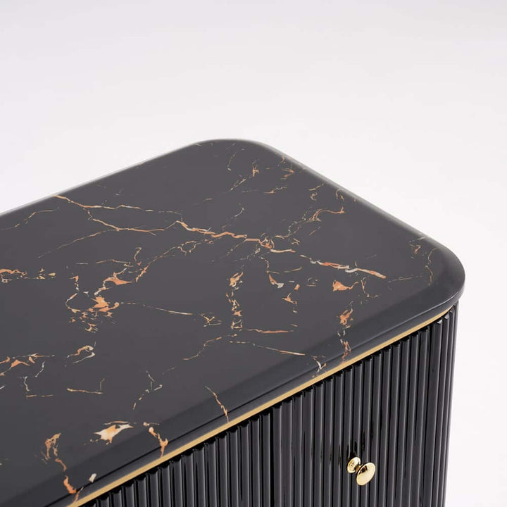 Top view of Emerald stone top makeup table in elegant interior, showcasing smooth surface