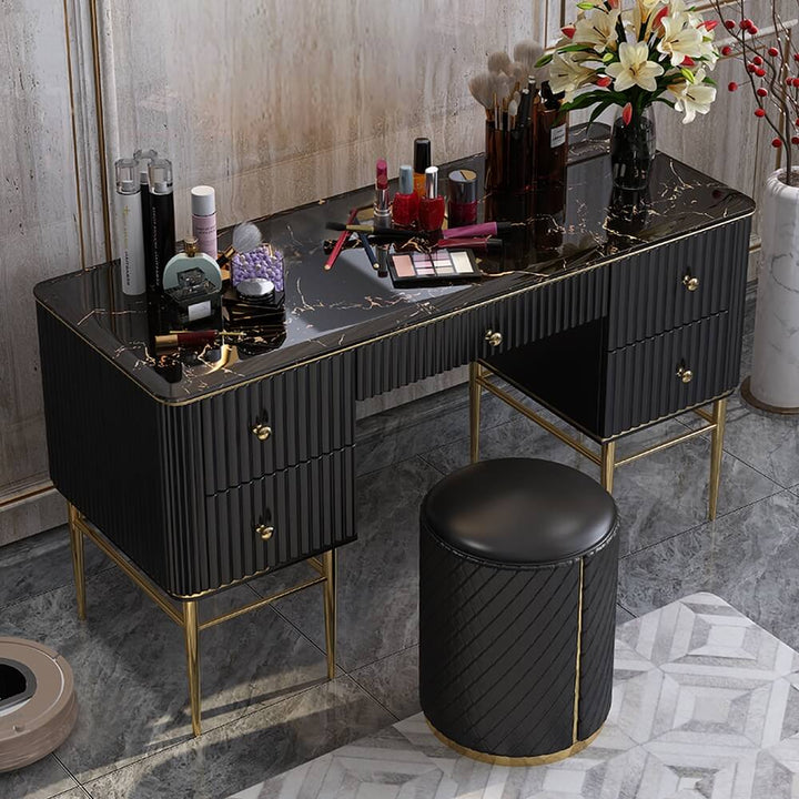Top view of Emerald stone top makeup table in elegant interior, polished surface design