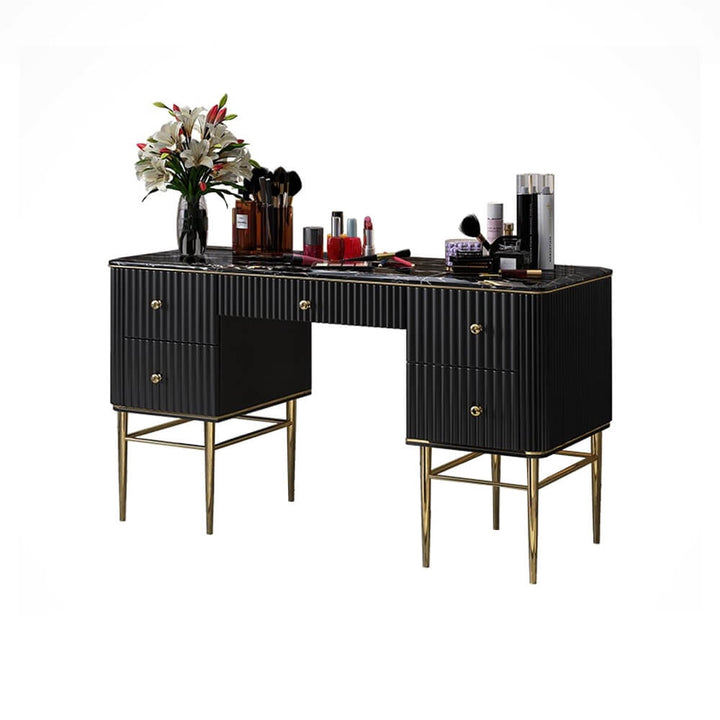 Side view of Emerald stone top makeup table in elegant interior, featuring sleek modern design