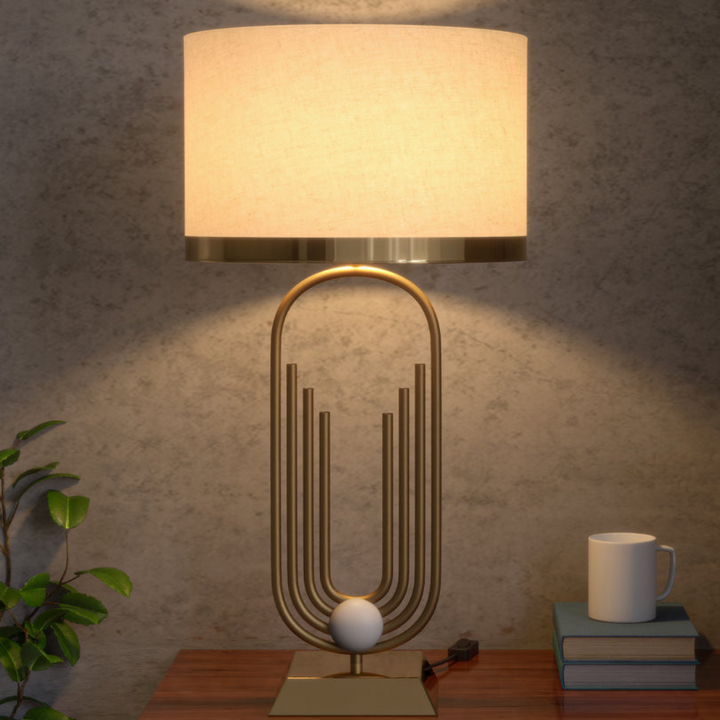 Eternal copper bedside lamp turned on, casting warm ambient light