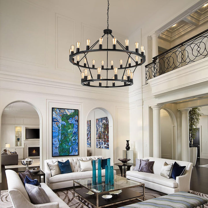 Farmhouse wagon wheel chandelier with 30 lights installed in a spacious living room – rustic and elegant lighting centerpiece.