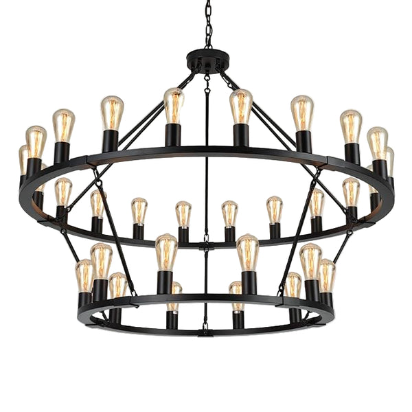 Hanging farmhouse wagon wheel chandelier with 30 lights – rustic and charming ceiling fixture perfect for large spaces.