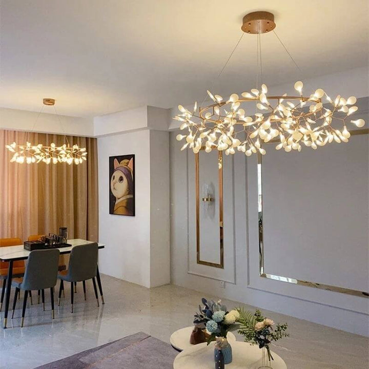Firefly LED chandelier illuminating an elegant living room with modern design and warm ambiance