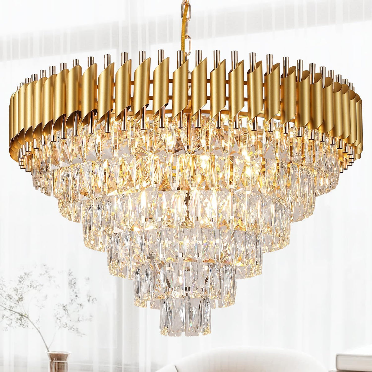 Flute Cascade crystal chandelier – luxury modern lighting with cascading crystal rods for a glamorous statement ceiling fixture&quot;.