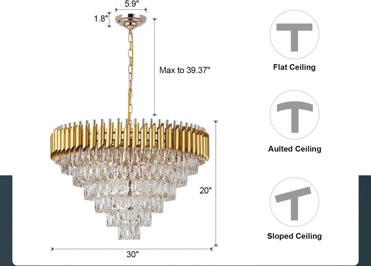 Measurement diagram of Flute Cascade crystal chandelier – detailed size specifications for luxury modern lighting installation.