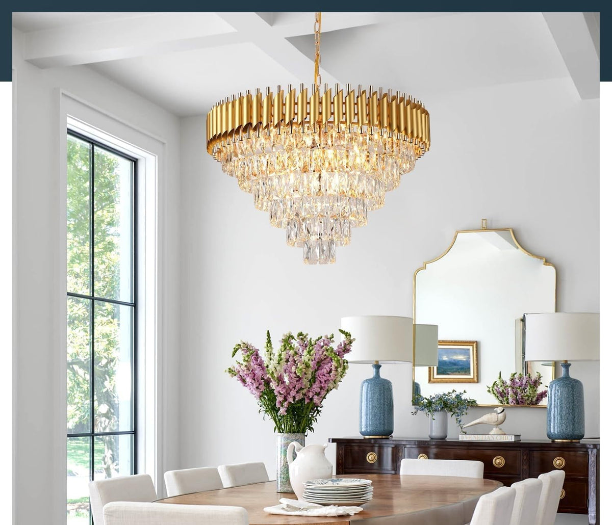 Flute Cascade crystal chandelier – luxurious lighting fixture perfect for living room, dining area, and hallway settings