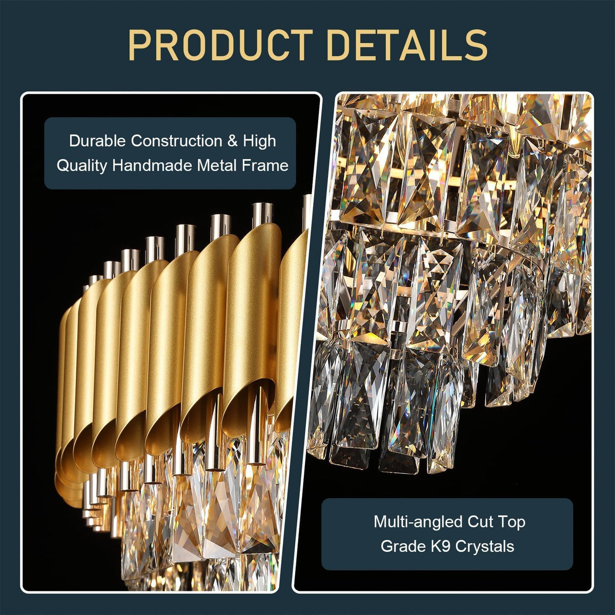 Flute Cascade crystal chandelier – luxury modern lighting with durable handmade metal frame and multi-angled cut top-grade K9 crystals.