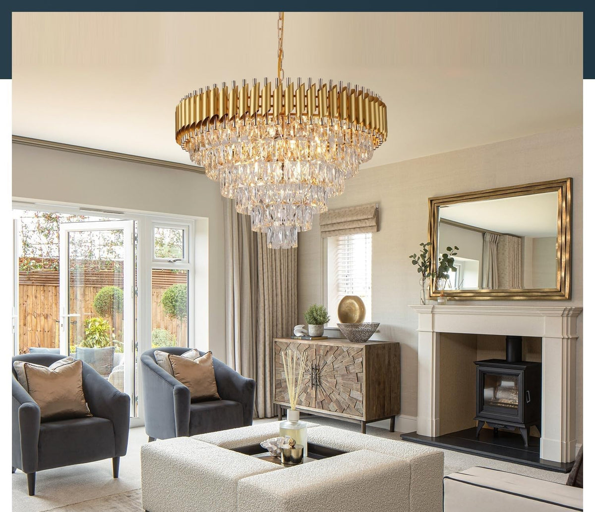 Elegant crystal chandelier – luxurious lighting fixture perfect for living room, dining area, and hallway settings.