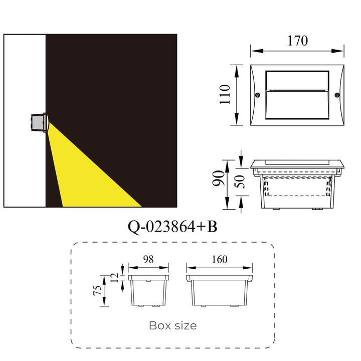 Technical drawing of GRANT outdoor LED wall lamp – detailed design layout with measurements for exterior lighting installation