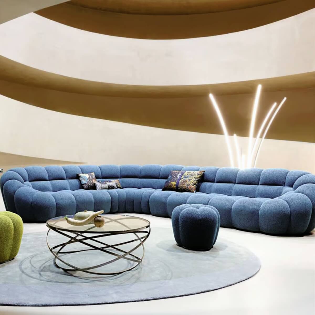 Gentle Glide teddy fabric sofa with plush cushions and modern design, angled view