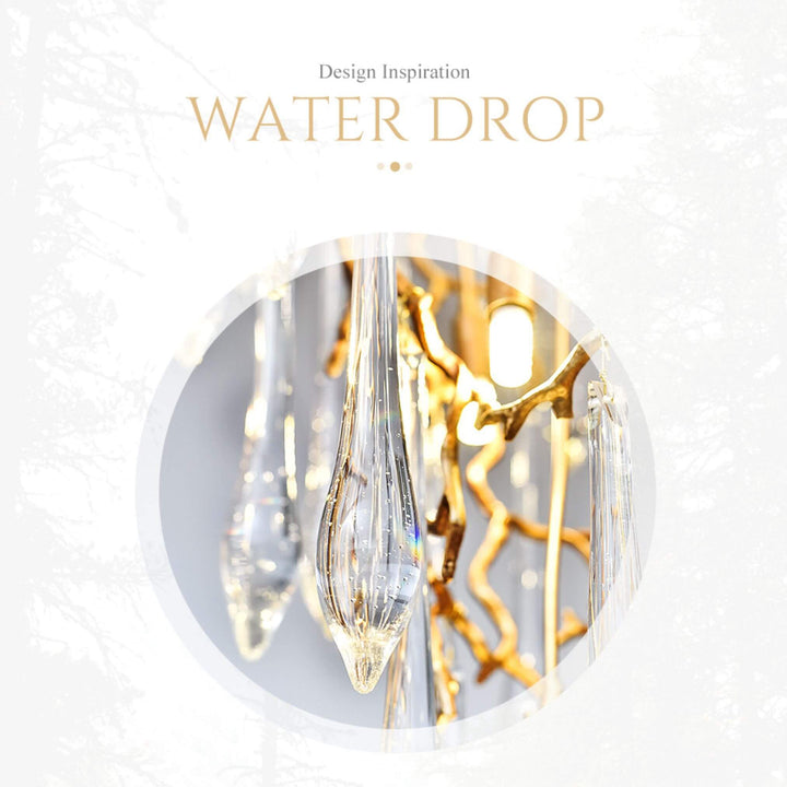 Close-Up Detail of Water Drop Crystals on Glimmer Chandelier Light – Elegant Modern Lighting