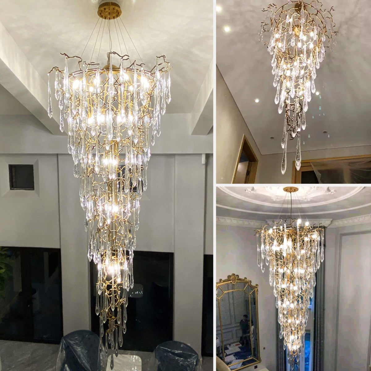 Glimmer Metal Crystal Chandelier Light – Three Angle Views of Elegant Modern Lighting Fixture