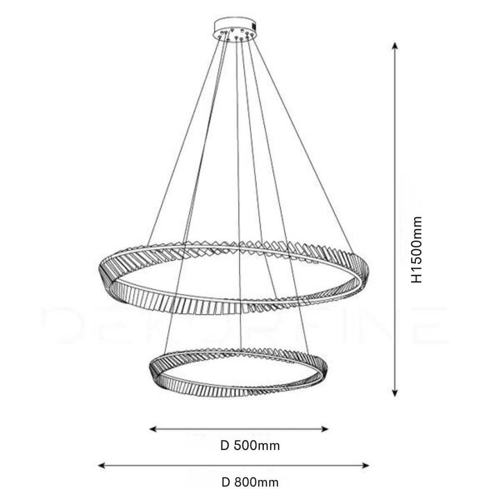 Glint Double Tier Chandelier Light with detailed dimensions, designed for spacious rooms requiring elegant layered lighting