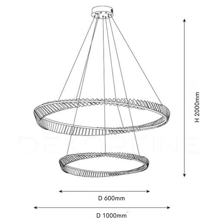 Glint Double Tier Chandelier Light with detailed dimensions, designed for spacious rooms requiring elegant layered lighting