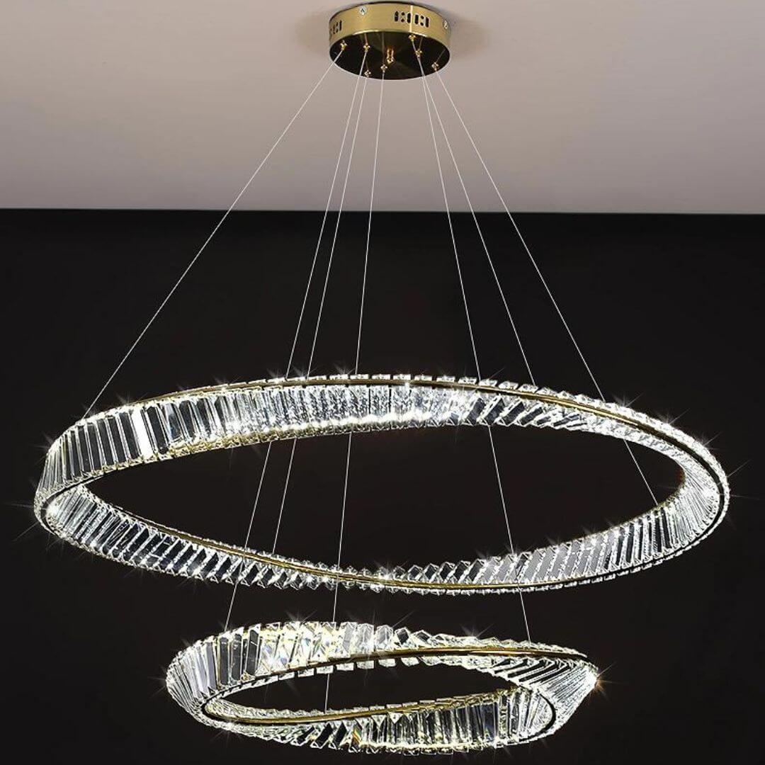 Glint Double Tier Chandelier Light hanging gracefully, casting radiant sparkle and elegant ambient lighting