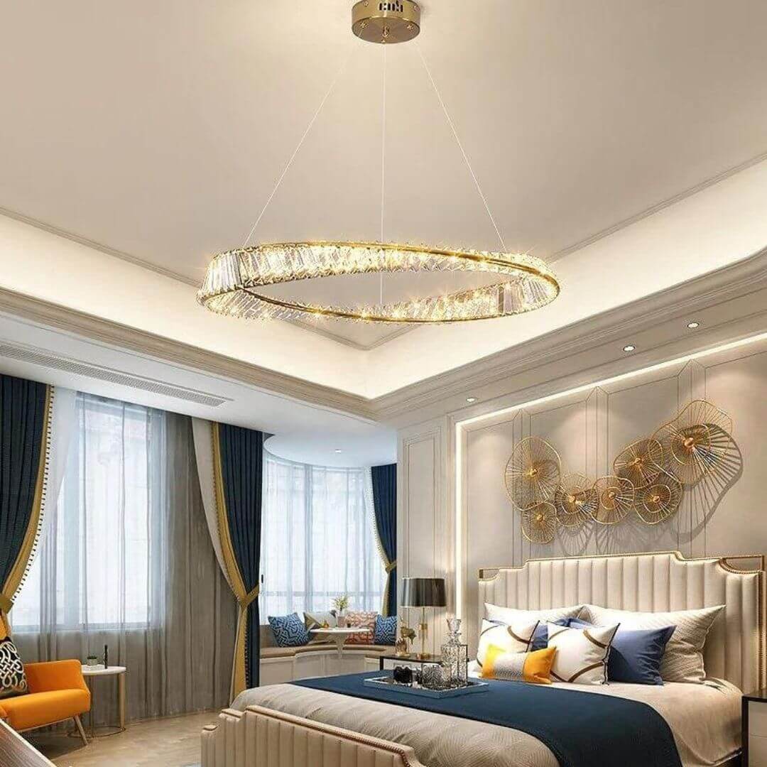 Glint Double Tier Chandelier Light in bedroom, adding luxurious sparkle and sophisticated ambiance to the space