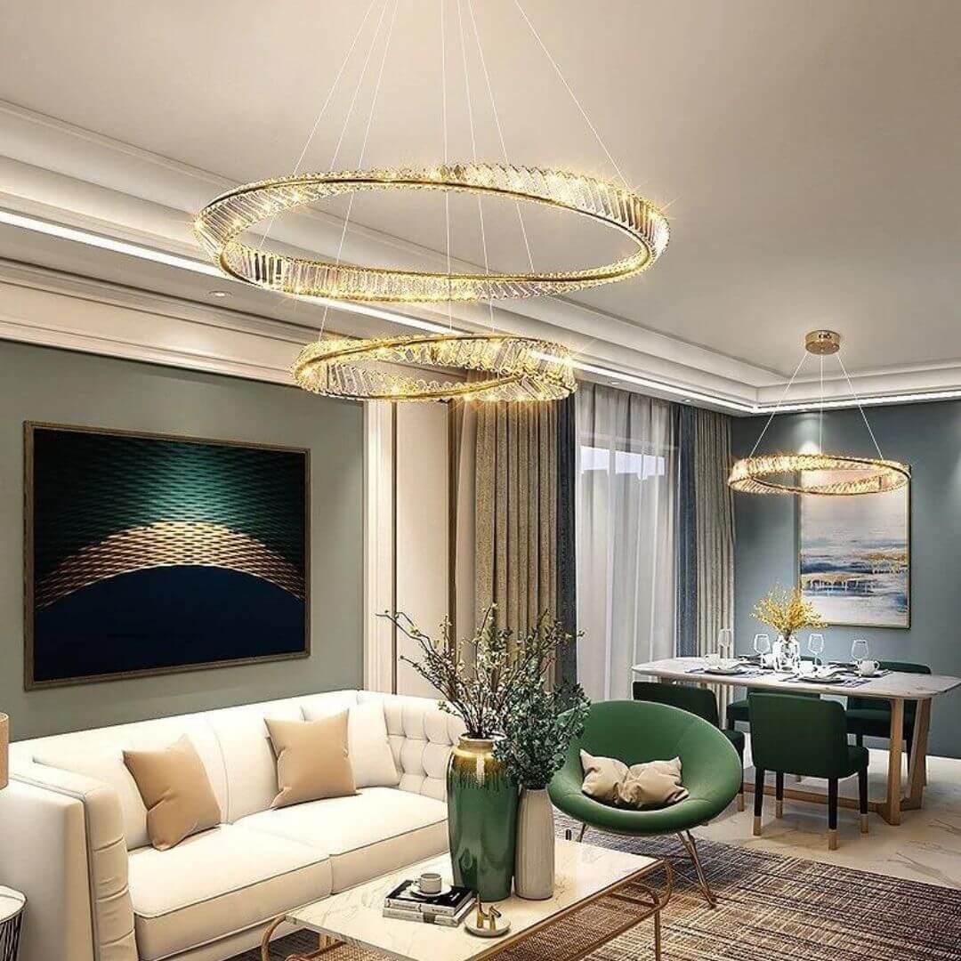 Glint Double Tier Chandelier Light in living room, enhancing the space with layered crystals and elegant illumination