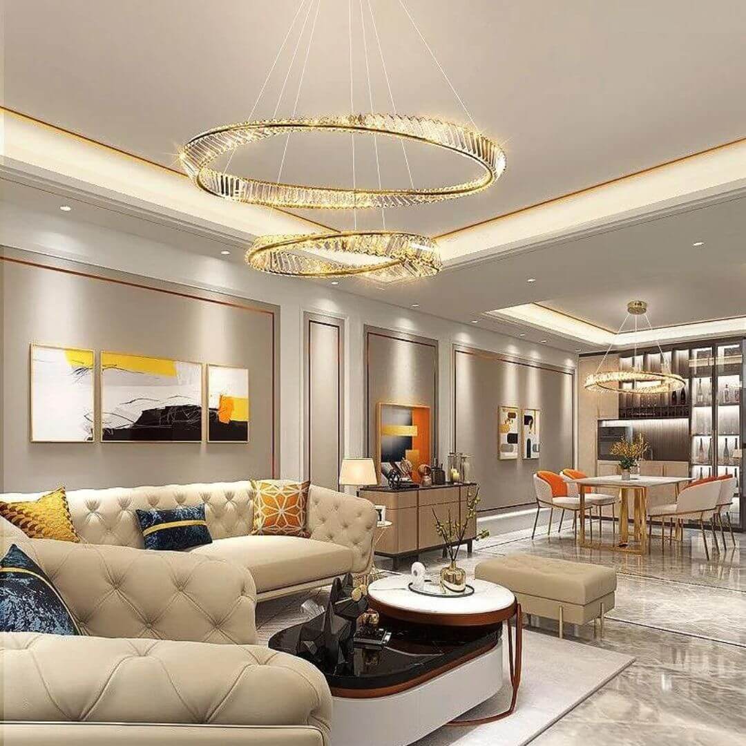 Glint Double Tier Chandelier Light in living room, enhancing the space with layered crystals and elegant illumination