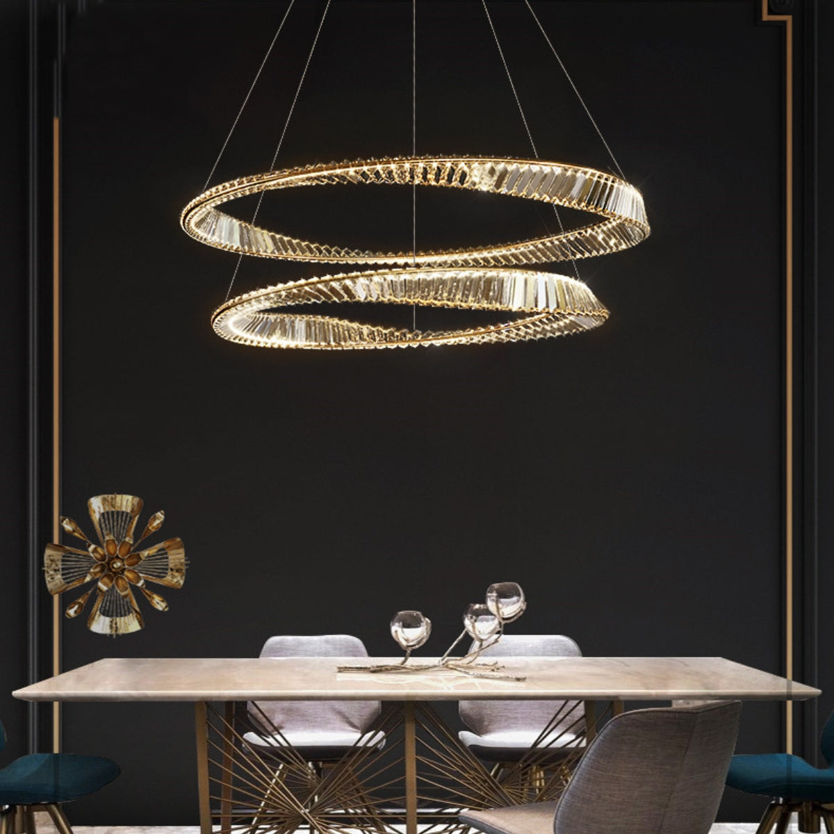 Glint chandelier light turned on in Australia, illuminating the space with elegant glow and modern sophistication