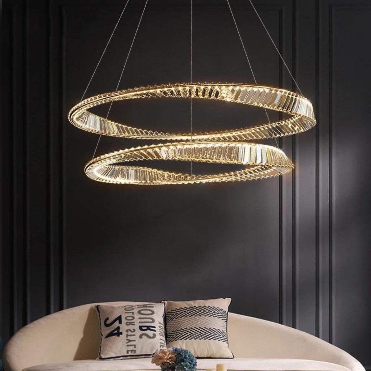 Glint Double Tier Chandelier Light in living room, creating a grand and elegant atmosphere with layered crystal brilliance