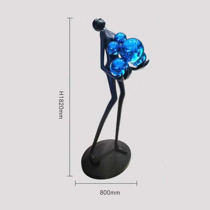 HTA-002 humanoid floor lamp with blue lampshade showing dimensions in elegant Australian interior