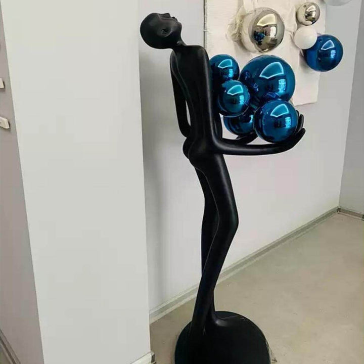 Back side view of HTA-002 humanoid floor lamp with blue lampshade in elegant Australian interior