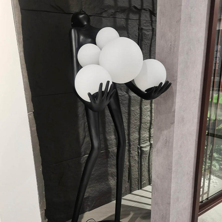 Front view of HTA-002 humanoid floor lamp with blue lampshade in elegant Australian interior decor