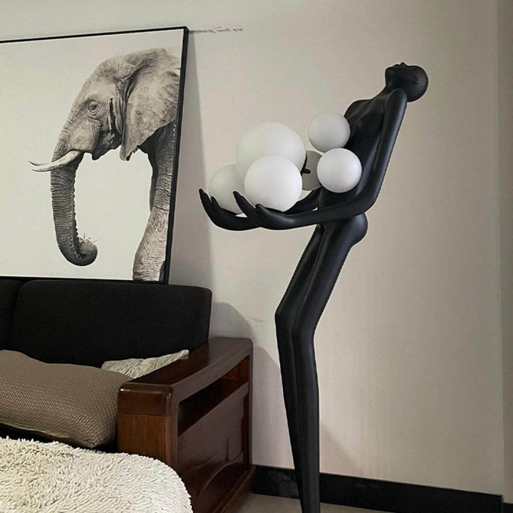 Side view of HTA-002 humanoid floor lamp with blue lampshade in elegant Australian interior design