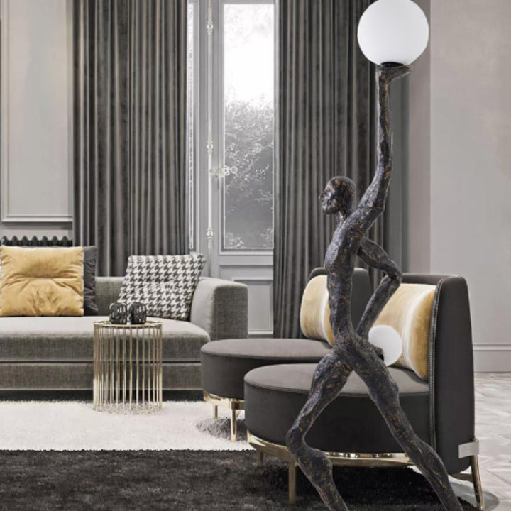 HTA-015 man holding lamp floor lamp placed in Australian living room with modern artistic decor