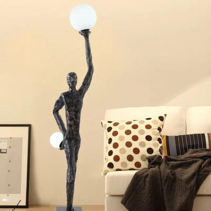 HTA-015 man holding lamp floor lamp in Australian bedroom, blending art and soft ambient lighting