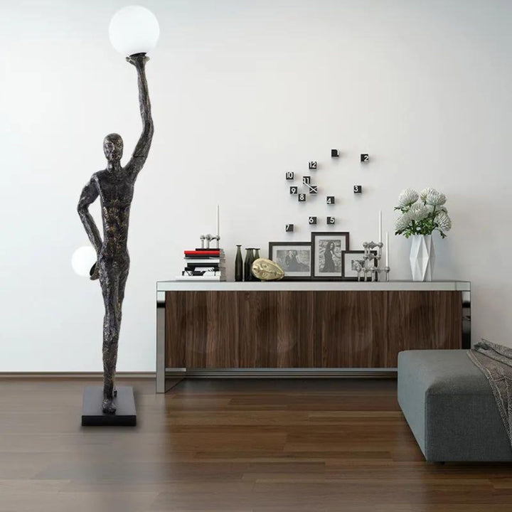 HTA-015 man holding lamp floor lamp placed beside table in Australian interior with artistic design