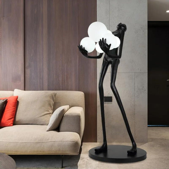 HTA001 humanoid floor lamp in Australian living room, blending modern sculpture with warm lighting