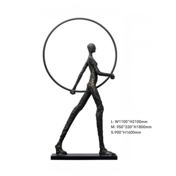 Dimension details of HTA019 man walking with circle floor lamp, showcasing size and modern design