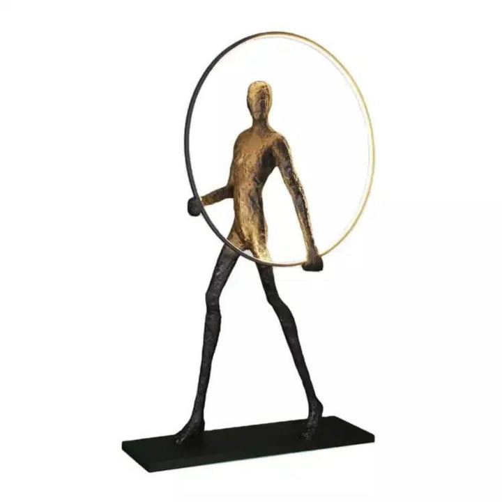 Side view of HTA019 man walking with circle floor lamp in Australian interior, featuring modern design
