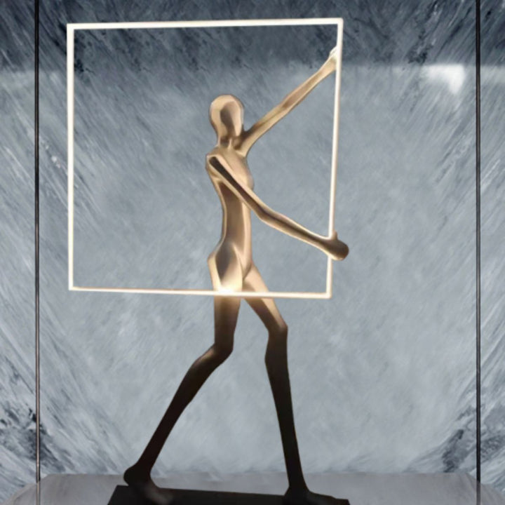 Close-up detail view of Romeo statue LED floor lamp, highlighting the intricate sculpture and integrated LED light design
