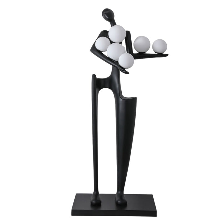 Dreamer black statue sculpture holding glowing globes, showcasing modern artistic design and ambient lighting feature