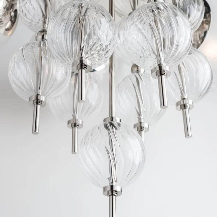 Close Bottom View of Ball Glasses on Halo Chandelier Light – Modern Elegant Lighting Detail