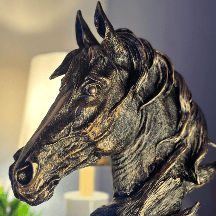 Close-up detail of resin horse head decor showing fine craftsmanship