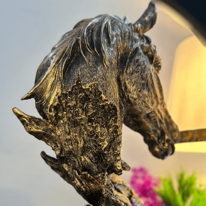 Back view of decorative resin horse head sculpture
