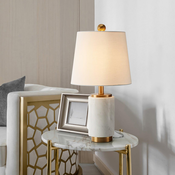 Stylish marble-based Joana lamp displayed on table in contemporary interior