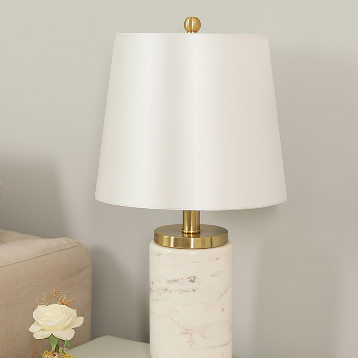 Close-up view of Joana marble-based table lamp showing detailed design
