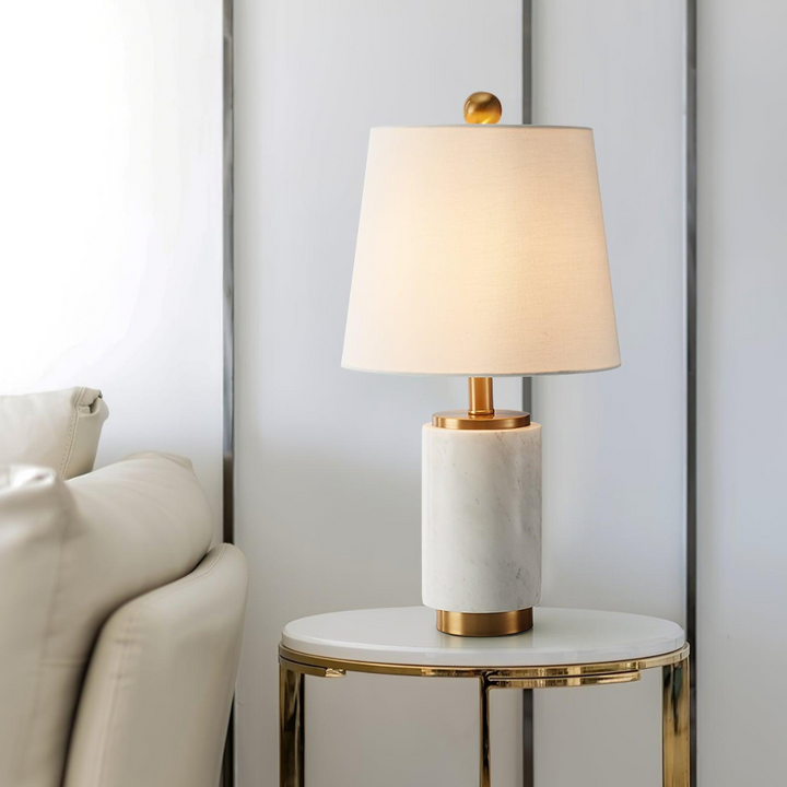 Detailed front view of Joana table lamp with elegant marble base