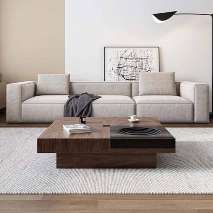 Front view of modern square walnut coffee table – sleek design showcasing smooth wood grain and clean minimalist lines